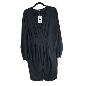 Laolasi Black Long-Sleeve Faux Wrap Dress Pleated V Neck 4XL